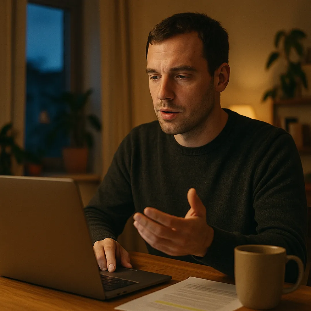 A man in his 30s in a charcoal sweater at his home desk in the evening, a printed job posting with highlighted lines beside his laptop, explaining out loud what draws him to the role