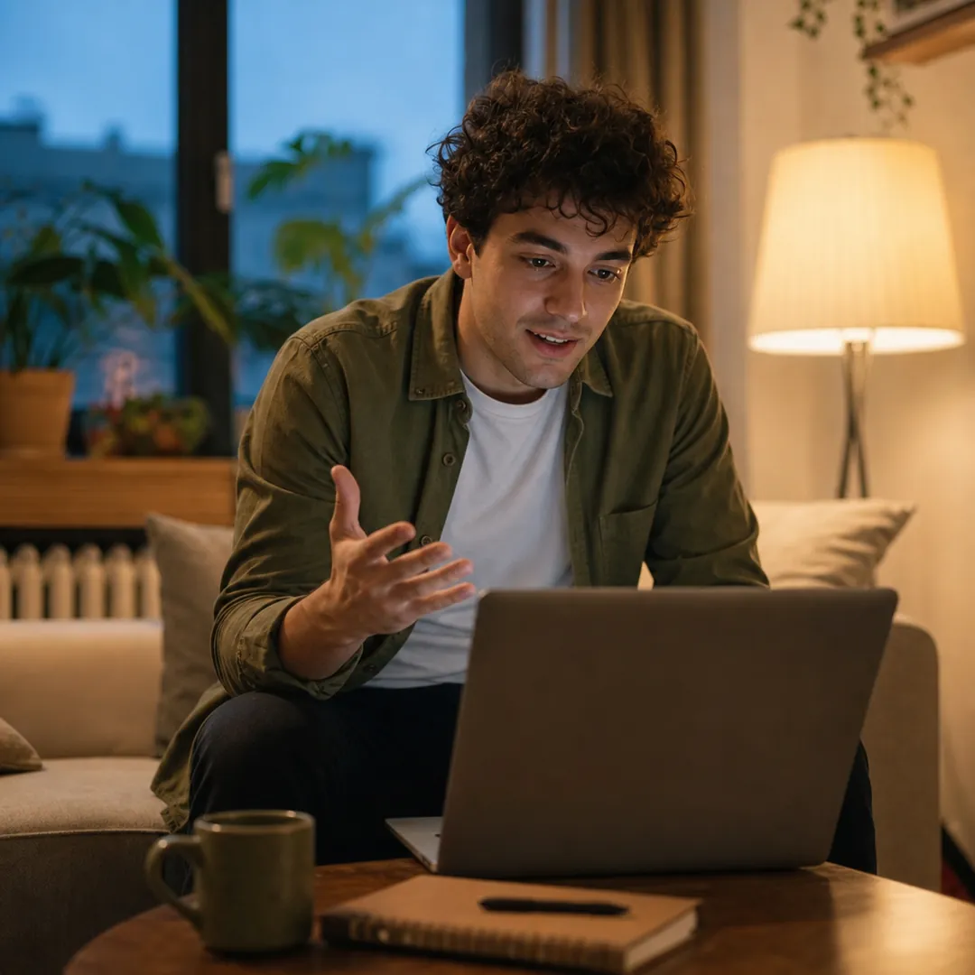A young man in an olive overshirt on his living room sofa at dusk, explaining to his laptop why he wants the job